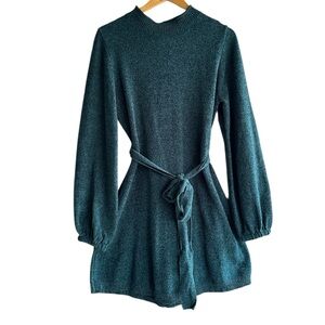 Green/Teal Mock Neck Bishop Sleeve Sweater Dress
